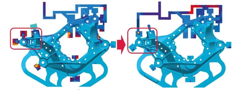 Figura 3: Resultado da pressão de ar para o layout original de bolsas (esquerda) e com ventilação adicional perto da área crítica (direita) 