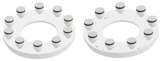 Figura 5 – Distribuição de porosidade rechupe para os dois designs. À esquerda o melhor resultado obtido pela otimização autônoma. À direita o melhor resultado obtido pelo método de planejamento de experimentos.  