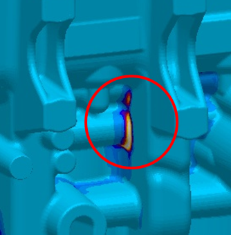 Fig. 3: Prediction of hot tearing in the crankcase with MAGMAstress 