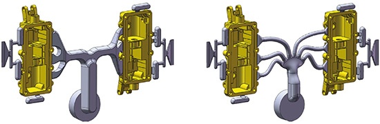 Modelo CAD com sistema de canais retangulares convencionais (desenho inicial, esquerda) e modelo CAD com sistema circulares assimétricas otimizadas (desenho final) 