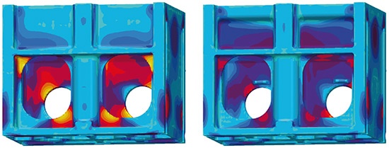 Níveis de tensão residual antes (esquerda) e depois (direita) das alterações no projeto 