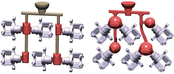 Figura 3: Versão original (esquerda) e otimizada (direita) do sistema de fundição  