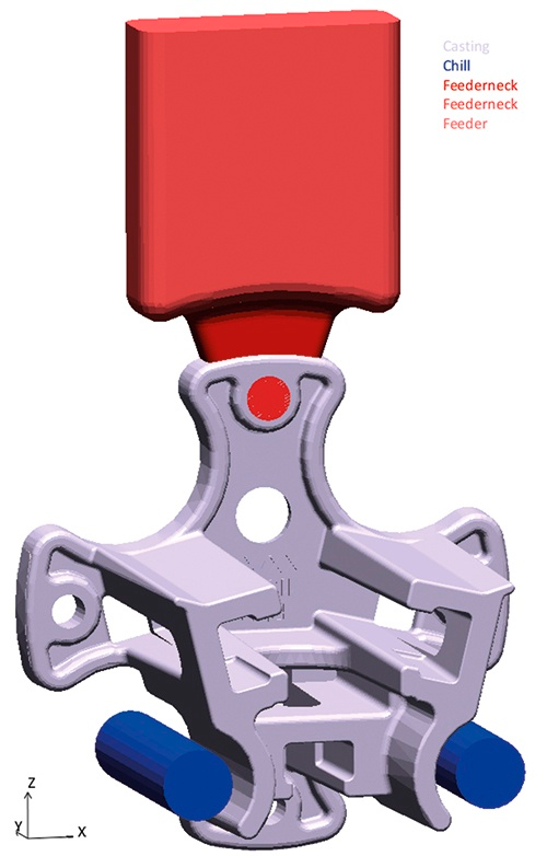 Fig. 4: Geometría usada para la optimización, mostrando la dimensión modificada del montante, el metal adicional para mecanizado y los insertos de cobre en la coquilla 